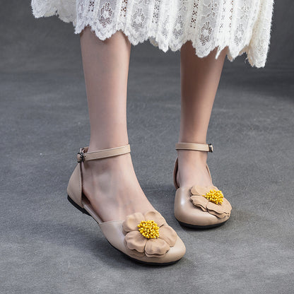 Closed-toe Flower Accents Ankle Straps Leather Sandals