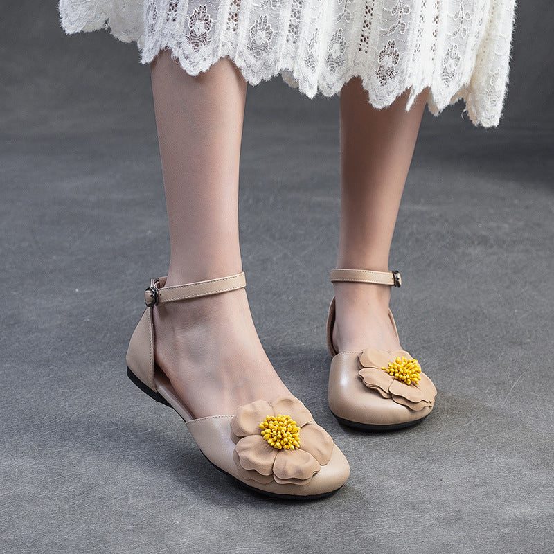 Closed-toe Flower Accents Ankle Straps Leather Sandals