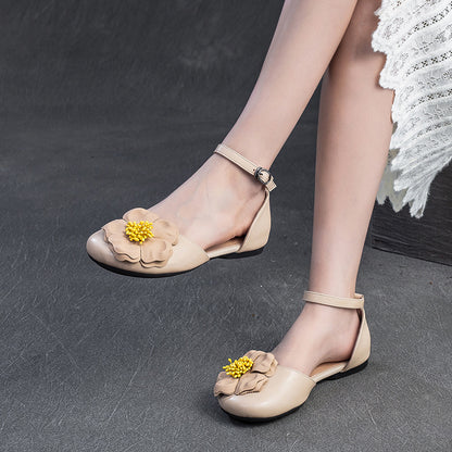 Closed-toe Flower Accents Ankle Straps Leather Sandals