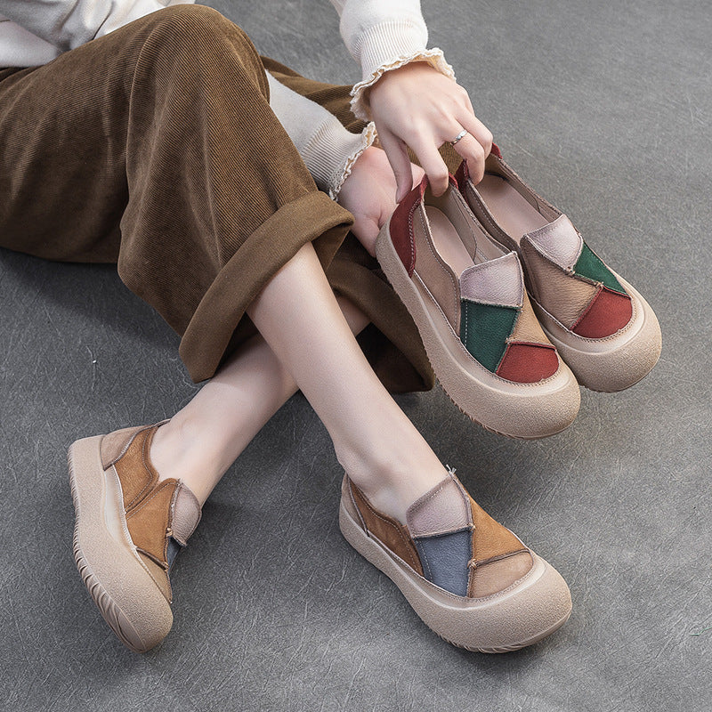 Color-blocked Slip-on Casual Platform Leather Shoes