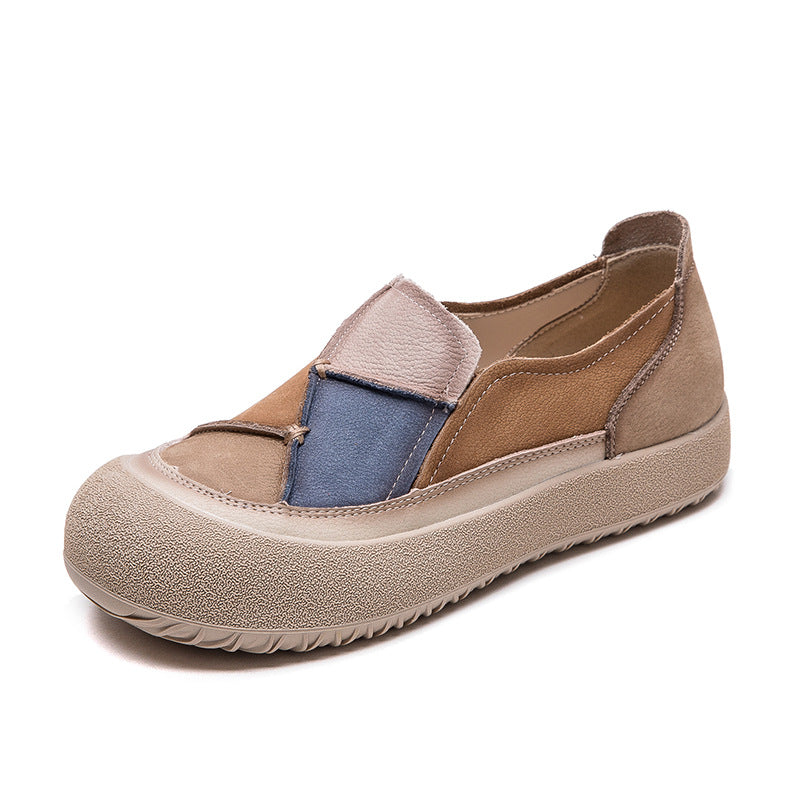 Color-blocked Slip-on Casual Platform Leather Shoes