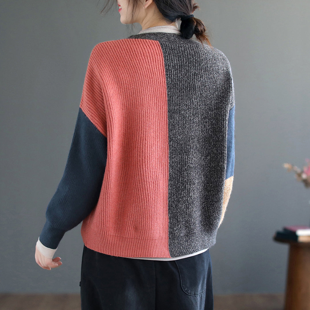 Color-Block Knitted Sweater Cardigan