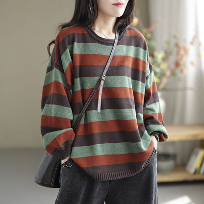 Color-block Striped Long Sleeve Knitted Blouse