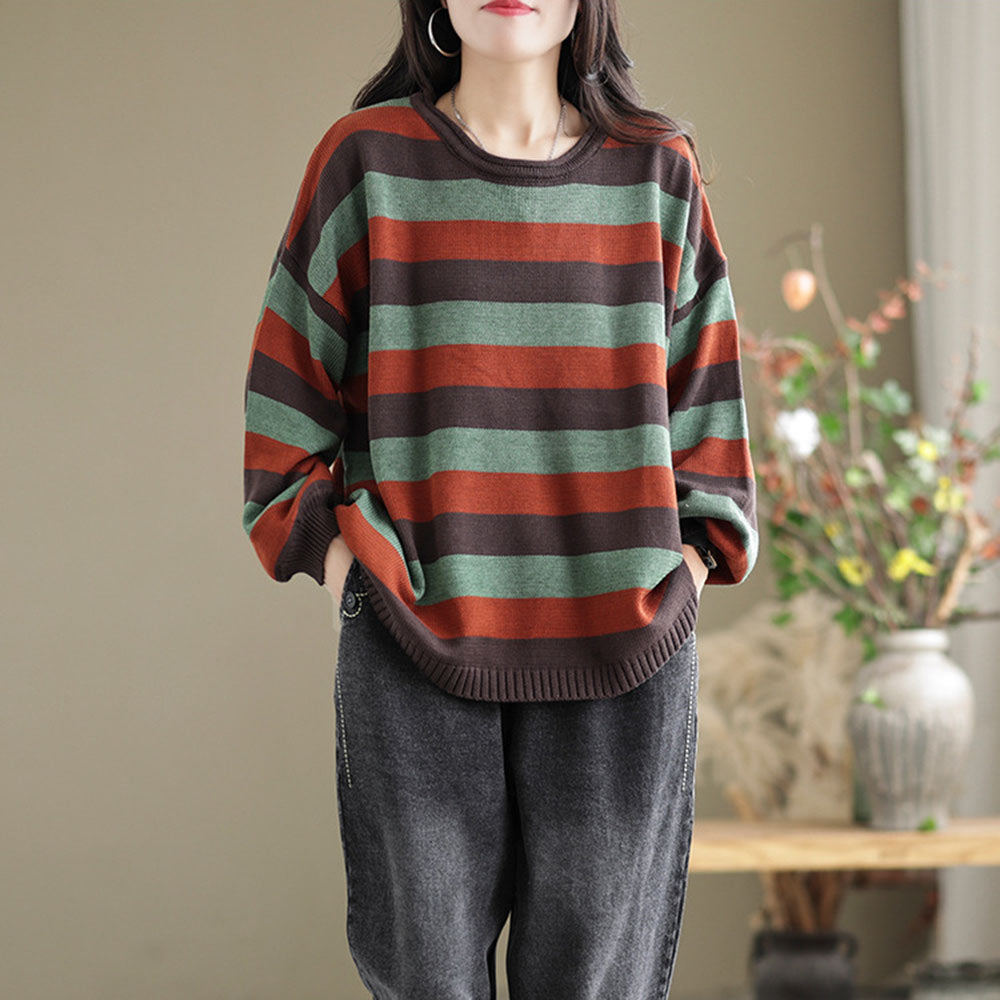 Color-block Striped Long Sleeve Knitted Blouse