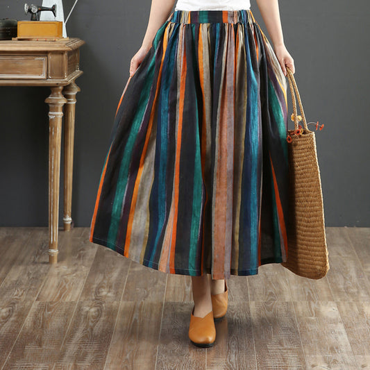 Colorful Striped Linen Midi Skirt - Luckyback