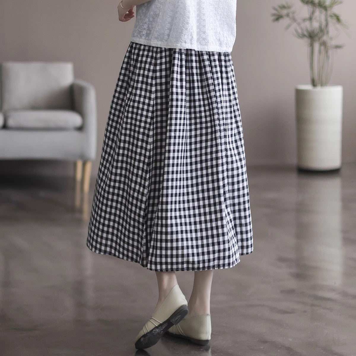 Cotton Linen High Waist Plaid A-line Skirt for Women
