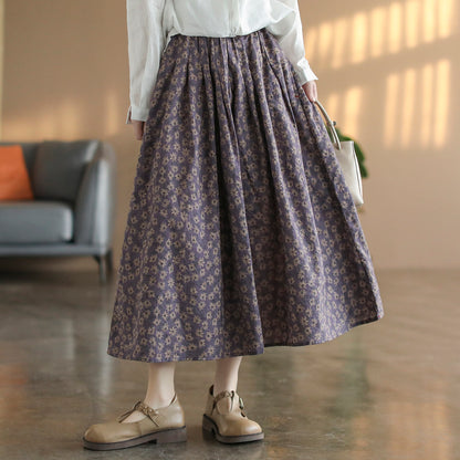 Cotton Linen Retro Floral All-match A-line Skirt