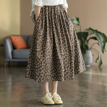 Cotton Linen Retro Floral All-match A-line Skirt