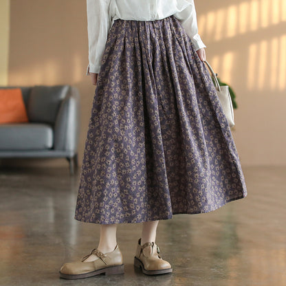 Cotton Linen Retro Floral All-match A-line Skirt