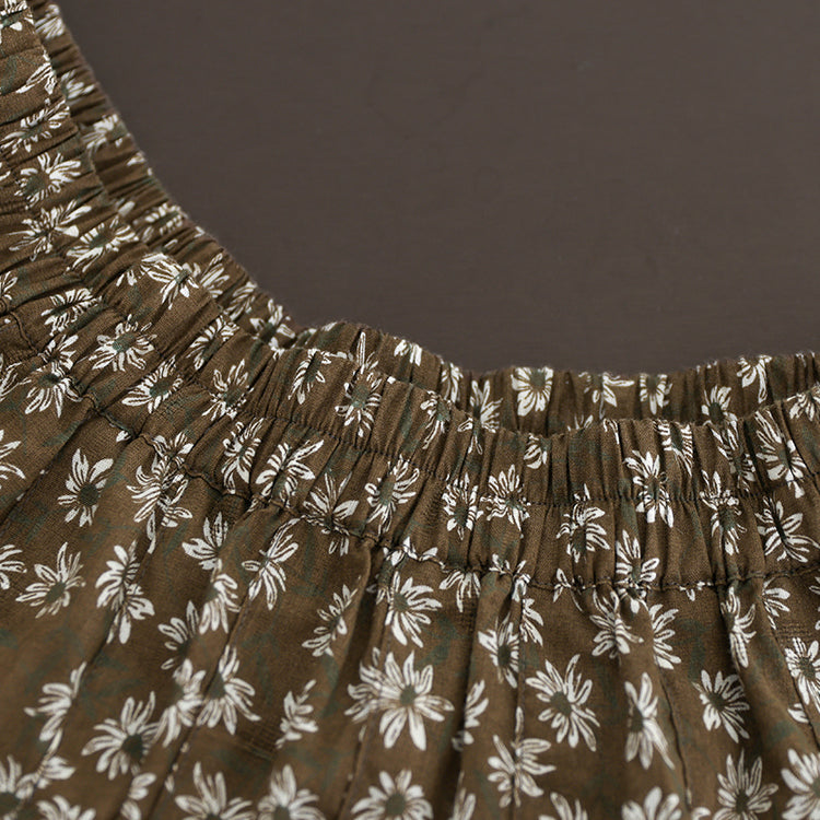 Cotton Linen Retro Floral All-match A-line Skirt