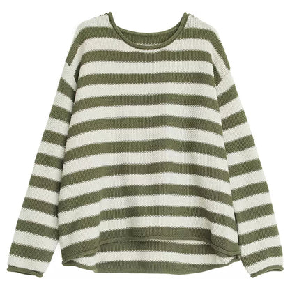 Crew Neck Color-Block Stripes Knitted Sweater