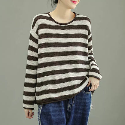 Crew Neck Color-Block Stripes Knitted Sweater