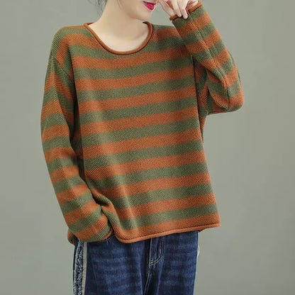 Crew Neck Color-Block Stripes Knitted Sweater