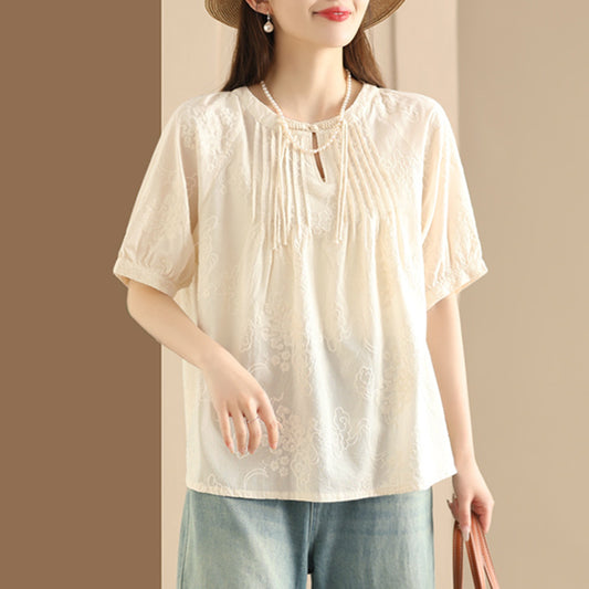 Embroidered Pleated Cotton Shirt