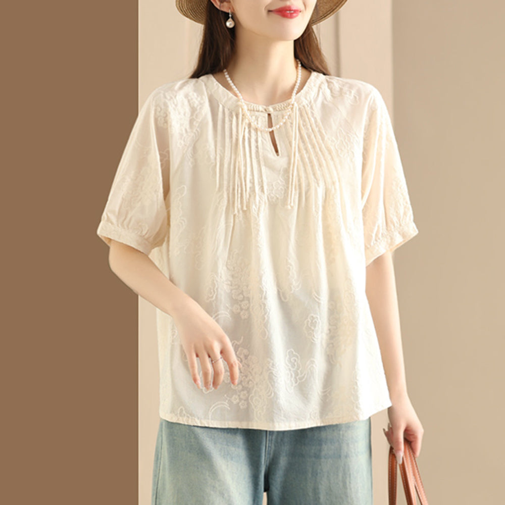 Embroidered Pleated Cotton Shirt