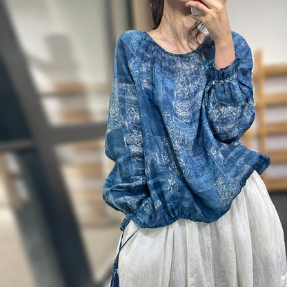 Floral Linen Ruffled Sleeve Blouse