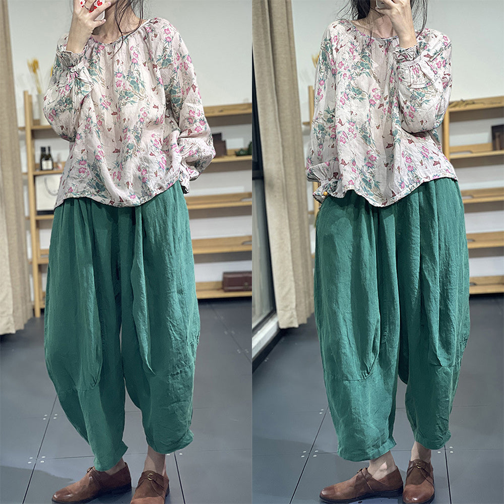 Floral Linen Ruffled Sleeve Blouse