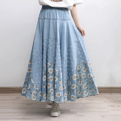 Floral Printed Light Blue High-Rise Denim Skirt