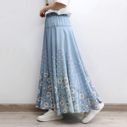 Floral Printed Light Blue High-Rise Denim Skirt