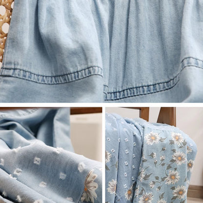 Floral Printed Light Blue High-Rise Denim Skirt