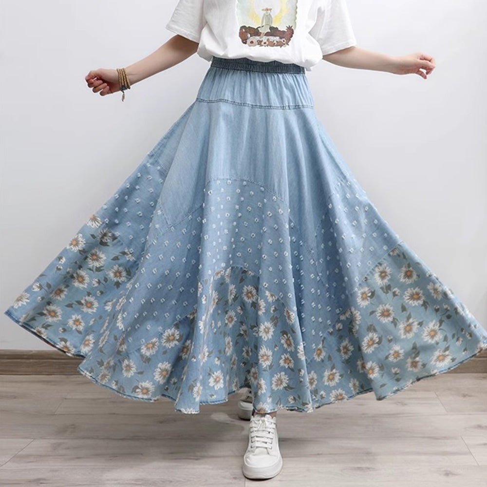 Floral Printed Light Blue High-Rise Denim Skirt