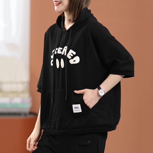 Letter Print Drawstring Hooded Short T-Shirt - Luckyback