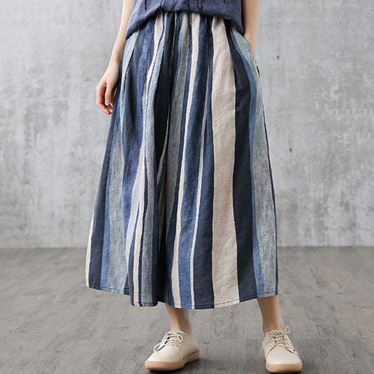 Linen Striped Casual Midi Skirt - Luckyback