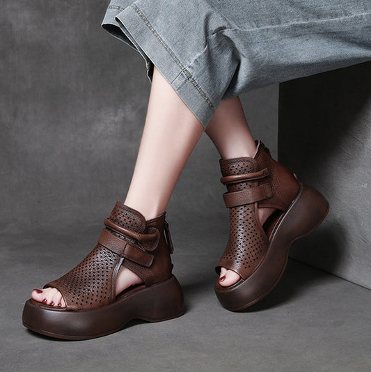 Peep Toe Hollow-out Breathable Rear Zipper Platform Sandals