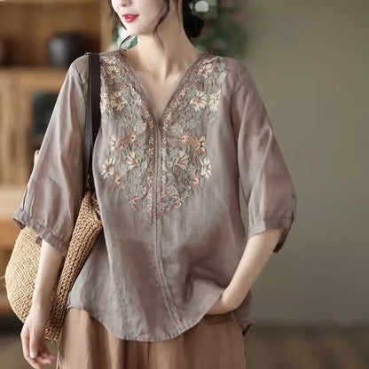 Ramie Embroidery V-neck Blouse