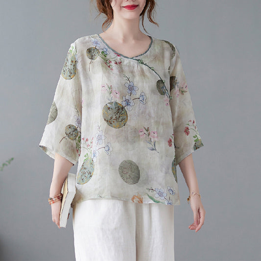 Relaxed Fit Crew-Neck Half Sleeve Linen T-Shirt