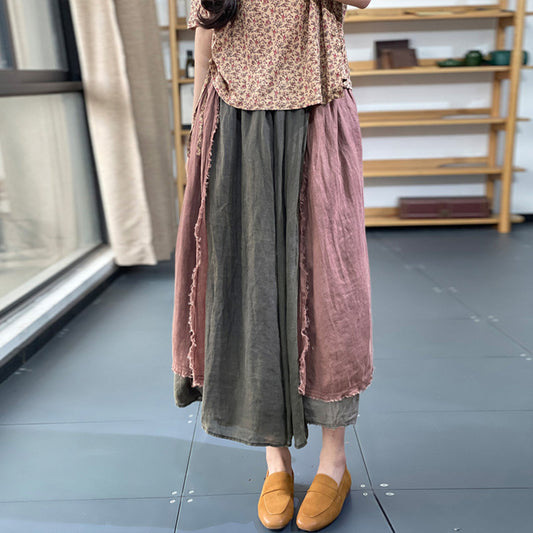 Retro Color-block Spliced Linen Skirt