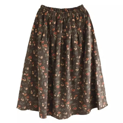 Retro Corduroy Floral High-Rise A-line Skirt
