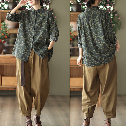 Retro Printed Cotton Linen Floral Casual Shirt