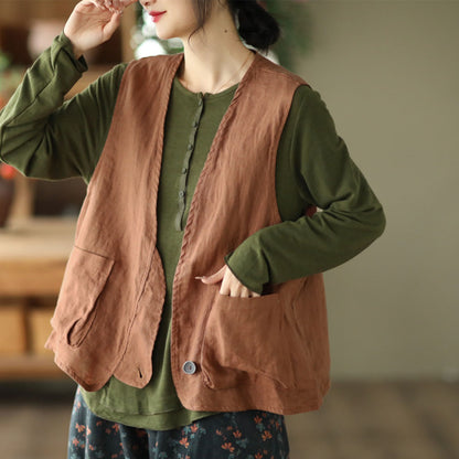 Solid Sleeveless Casual Linen Vest