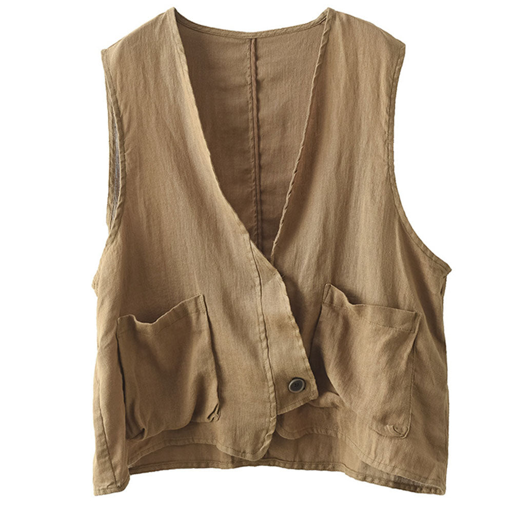 Solid Sleeveless Casual Linen Vest