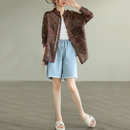 Stand Collar Ramie Long Sleeve Shirt