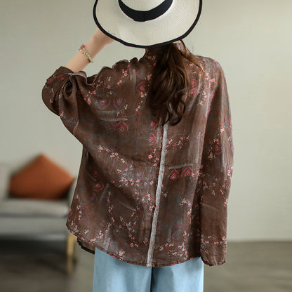 Stand Collar Ramie Long Sleeve Shirt