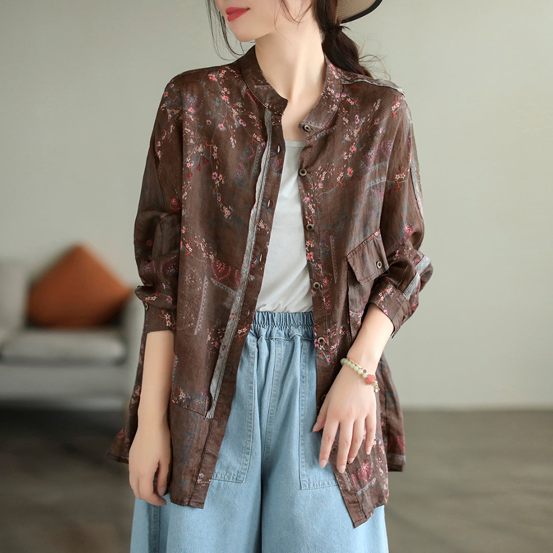 Stand Collar Ramie Long Sleeve Shirt