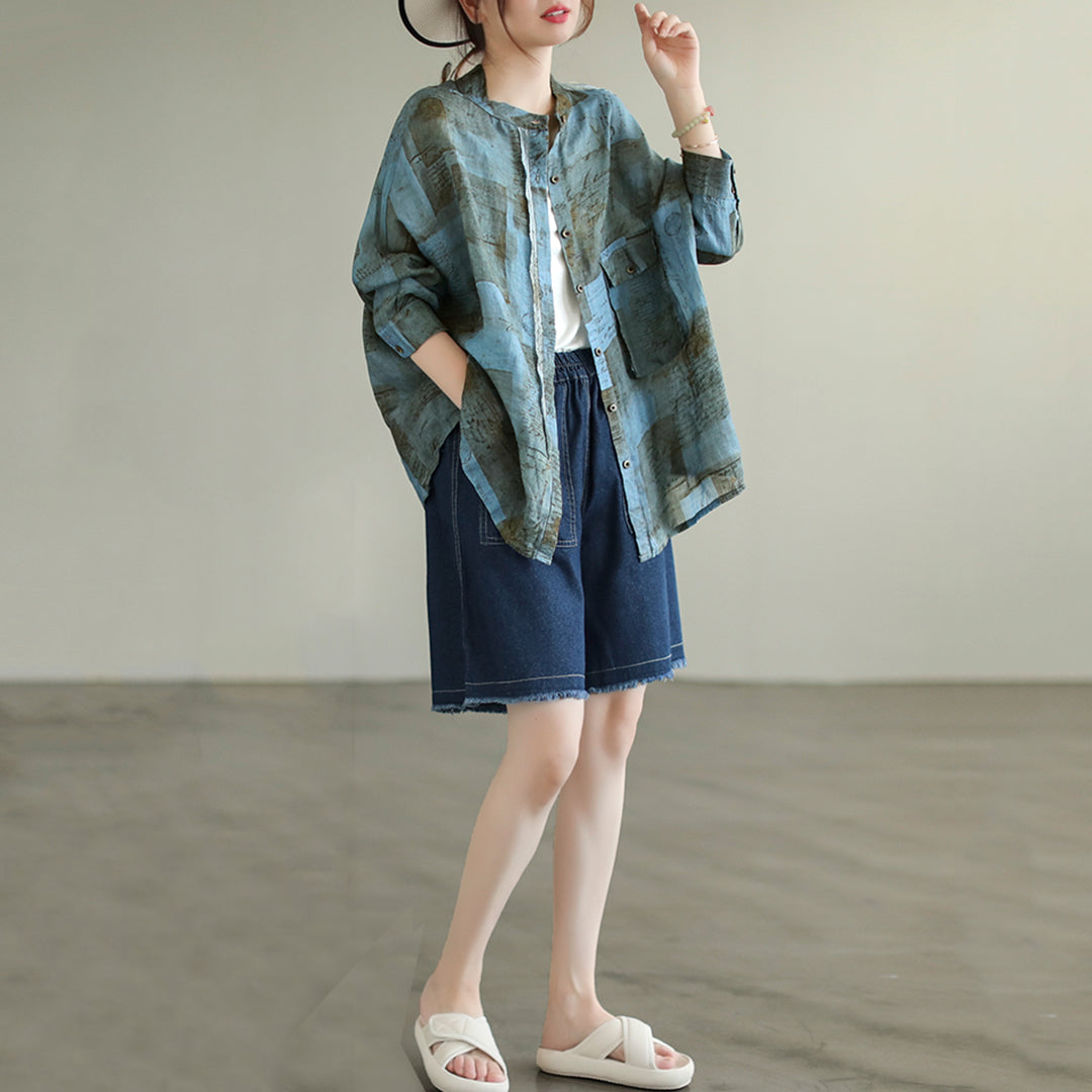 Stand Collar Ramie Long Sleeve Shirt