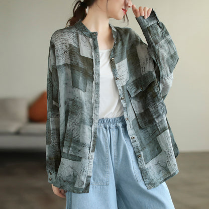 Stand Collar Ramie Long Sleeve Shirt