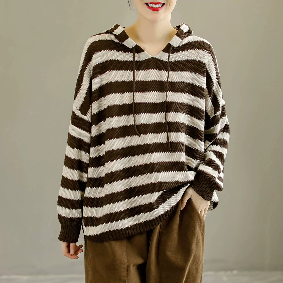 Stripes Knitted Color-Block Hooded Sweater