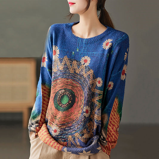 Vintage Color-Block Print Crew Neck Sweater - Luckyback