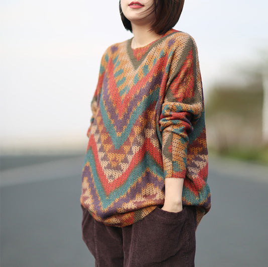 Vintage Rainbow Geometric Knitted Sweater - Luckyback