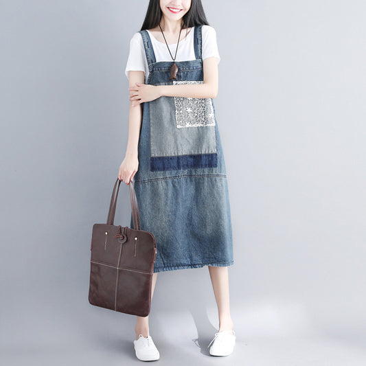 Patch Spliced Pinafore Denim Dress