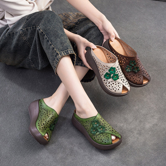 Women Peep Toe Hollow-out Leather Wedge Slippers