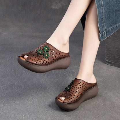 Women Peep Toe Hollow-out Leather Wedge Slippers