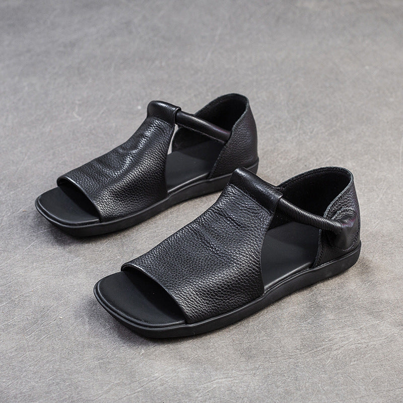 Women Peep Toe Velcro Casual Leather Flat Sandals