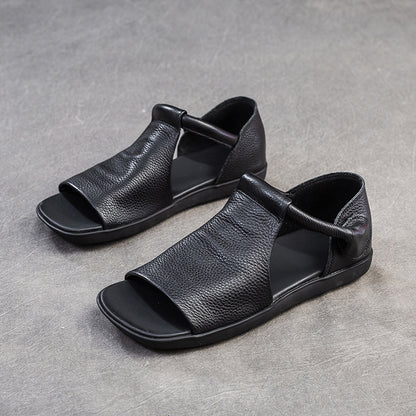 Women Peep Toe Velcro Casual Leather Flat Sandals