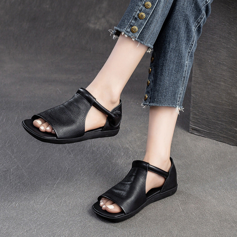Women Peep Toe Velcro Casual Leather Flat Sandals