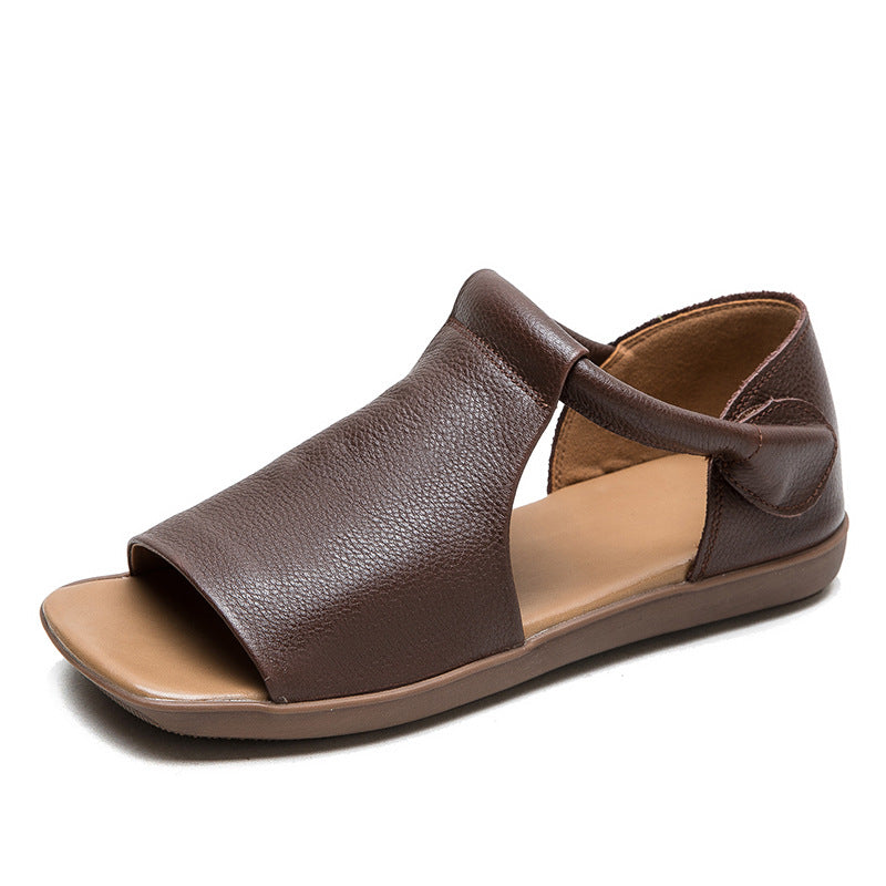 Women Peep Toe Velcro Casual Leather Flat Sandals